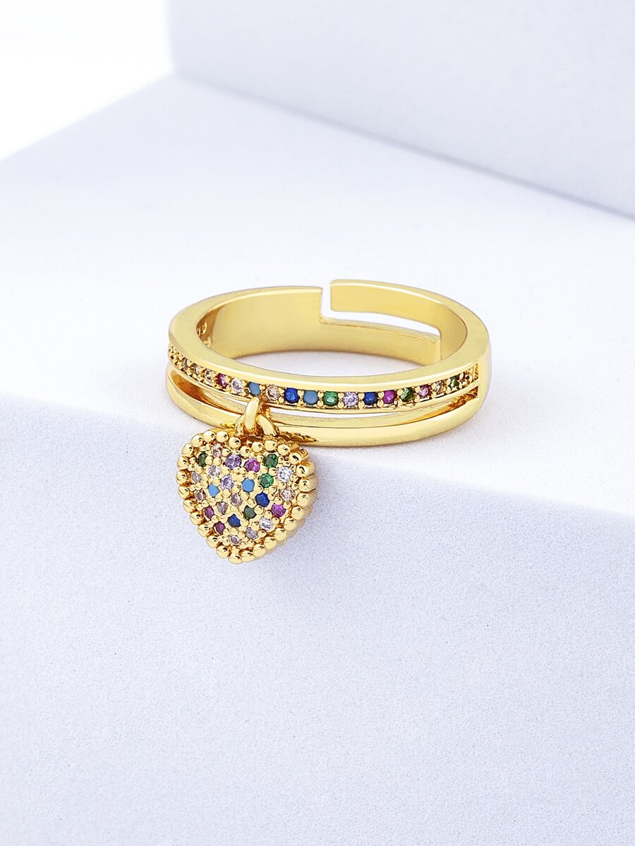 Cubic Zirconia Heart Decor Ring - Yellow Gold - View 1