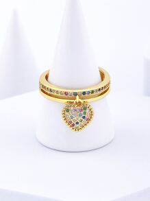 Cubic Zirconia Heart Decor Ring - Yellow Gold - View 2
