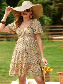 SHEIN 孕婦印花泡泡袖前繫帶打褶荷葉邊洋裝 - 彩色 - 查看 1