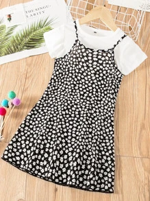 SHEIN Young Girl Solid Top & Ditsy Floral Print Cami Dress - Black and White - View 1