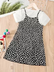 SHEIN Young Girl Solid Top & Ditsy Floral Print Cami Dress - Black and White - View 2