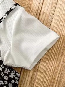 SHEIN Young Girl Solid Top & Ditsy Floral Print Cami Dress - Black and White - View 4