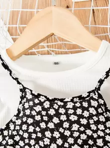 SHEIN Young Girl Solid Top & Ditsy Floral Print Cami Dress - Black and White - View 5