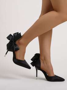 Women Black Bow Decor Pumps, Point Toe Sculptural Heeled Court Pumps - Black - View 2