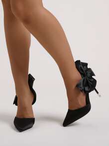 Women Black Bow Decor Pumps, Point Toe Sculptural Heeled Court Pumps - Black - View 3
