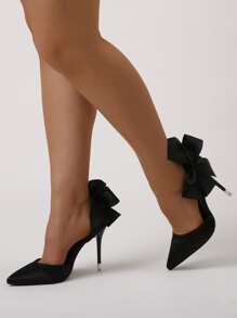 Women Black Bow Decor Pumps, Point Toe Sculptural Heeled Court Pumps - Black - View 4
