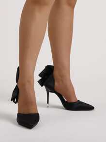 Women Black Bow Decor Pumps, Point Toe Sculptural Heeled Court Pumps - Black - View 5