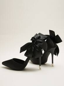 Women Black Bow Decor Pumps, Point Toe Sculptural Heeled Court Pumps - Black - View 7
