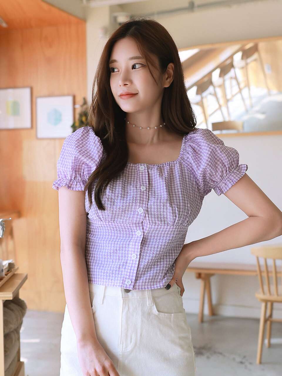 Gingham Puff Sleeve Button Front Blouse