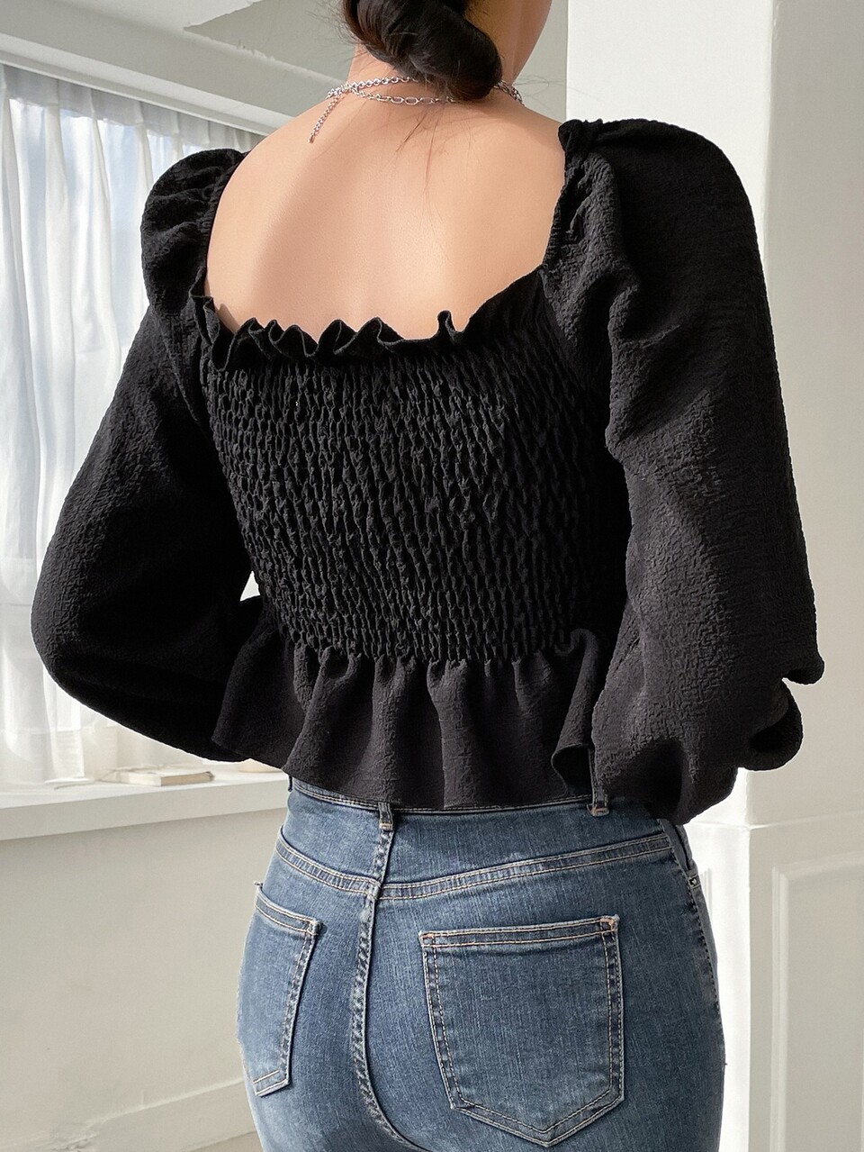 Shirred Flounce Sleeve Ruffle Hem Blouse
