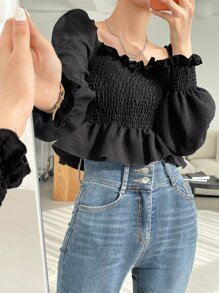 DAZY Blusa con fruncido de manga con volante bajo con fruncido - Negro - Ver 7