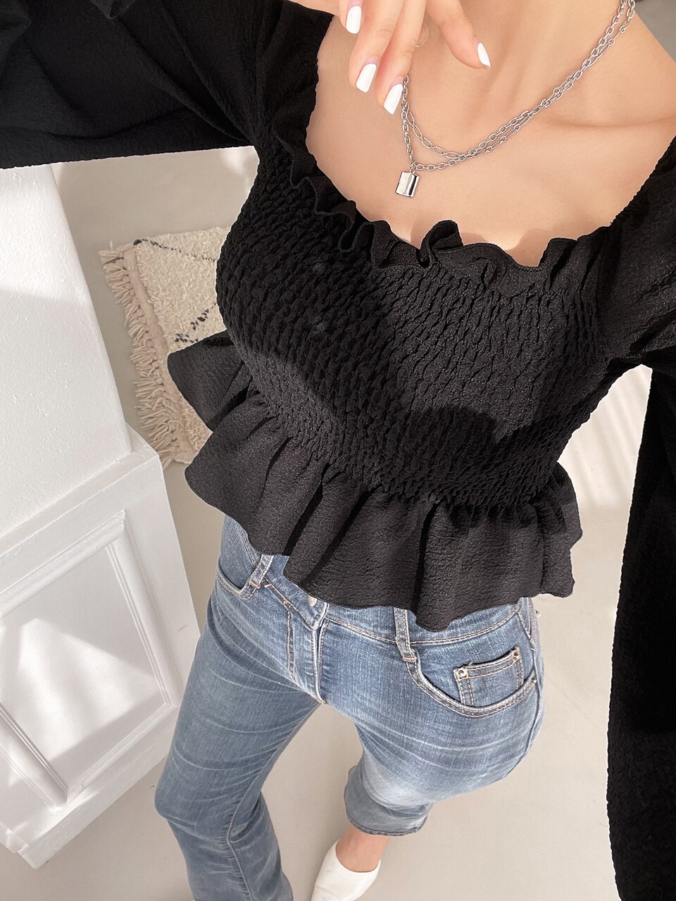 Shirred Flounce Sleeve Ruffle Hem Blouse