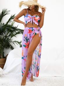 3packs Floral Print Ruffle Hem Bikini Set & Beach Skirt, For Summer Vacation - Multicolor - View 1
