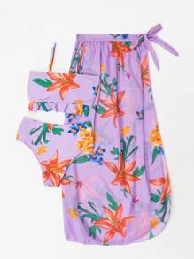 3packs Floral Print Ruffle Hem Bikini Set & Beach Skirt, For Summer Vacation - Multicolor - View 6