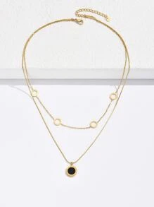 一款时尚个性的女士不锈钢罗马数字黑色贝壳几何元素双层佩戴式吊坠项链，适合日常佩戴。 - 金黃色 - 查看 2