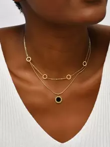 一款时尚个性的女士不锈钢罗马数字黑色贝壳几何元素双层佩戴式吊坠项链，适合日常佩戴。 - 金黃色 - 查看 1