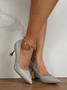Glitter Detail Pyramid Heeled Court Pumps - Silver - View 5