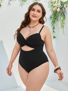 SHEIN Swim Curve Plus Size Cut-Out Push Up One Piece Swimsuit Summer - Black - View 4