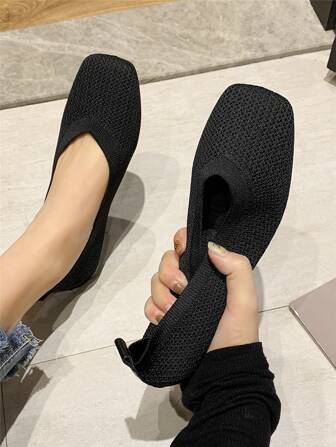 Women Black Plain Pattern Flats, Elegant Square Toe Ballet Flats
