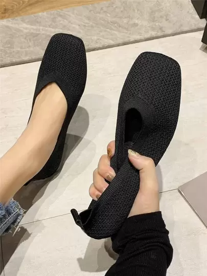 Women Black Plain Pattern Flats, Elegant Square Toe Ballet Flats