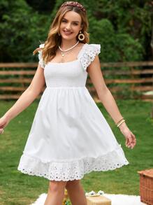 SHEIN Maternidad Vestido con fruncido con bordado con ojal ribete con fruncido - Blanco - Ver 3