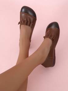 Drawstring Detail Ruched Ballet Flats - Brown - View 3