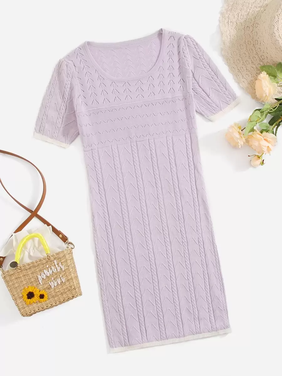 SHEIN Teen Girls Scoop Neck Cable Knit Sweater Dress - Lilac Purple - View 1