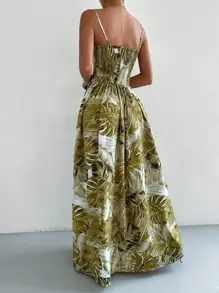 Breezaya Tropical Print Shirred Split Thigh Cami Dress - Olive Green - View 2