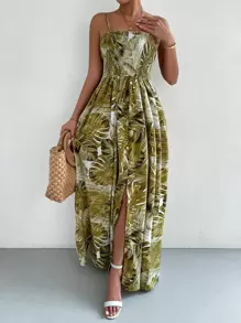Breezaya Tropical Print Shirred Split Thigh Cami Dress - Olive Green - View 6