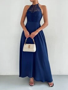 SHEIN Belle 蕾絲拼接後背繫帶A字洋裝 - 藏蓝色 - 查看 4