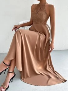 SHEIN Belle Vestido línea A con encaje en contraste de espalda abierta con cordón - Albaricoque - Ver 1