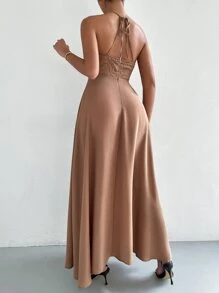 SHEIN Belle Vestido línea A con encaje en contraste de espalda abierta con cordón - Albaricoque - Ver 2