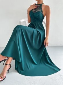 SHEIN Belle 蕾絲拼接後背繫帶A字連衣裙 - 水鴨藍 - 查看 1