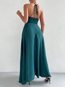 SHEIN Belle 蕾絲拼接後背繫帶A字連衣裙 - 水鴨藍 - 查看 2