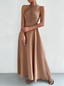 SHEIN Belle Vestido línea A con encaje en contraste de espalda abierta con cordón - Albaricoque - Ver 3