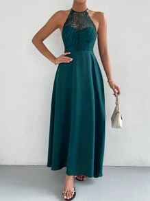 SHEIN Belle 蕾絲拼接後背繫帶A字連衣裙 - 水鴨藍 - 查看 3