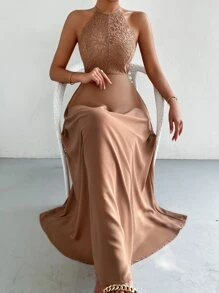 SHEIN Belle Vestido línea A con encaje en contraste de espalda abierta con cordón - Albaricoque - Ver 4
