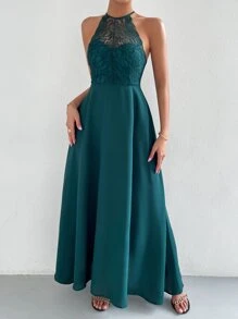 SHEIN Belle 蕾絲拼接後背繫帶A字連衣裙 - 水鴨藍 - 查看 5