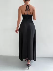 SHEIN Belle Contrast Lace Tie Backless A-line Dress - Black - View 2