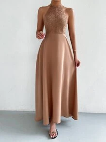 SHEIN Belle Vestido línea A con encaje en contraste de espalda abierta con cordón - Albaricoque - Ver 5