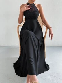 SHEIN Belle Contrast Lace Tie Backless A-line Dress - Black - View 3