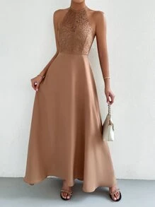 SHEIN Belle Vestido línea A con encaje en contraste de espalda abierta con cordón - Albaricoque - Ver 6