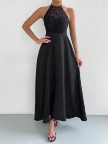 SHEIN Belle Contrast Lace Tie Backless A-line Dress - Black - View 4