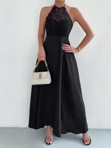 SHEIN Belle Contrast Lace Tie Backless A-line Dress - Black - View 5