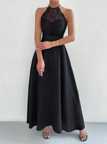 SHEIN Belle Contrast Lace Tie Backless A-line Dress - Black - View 6