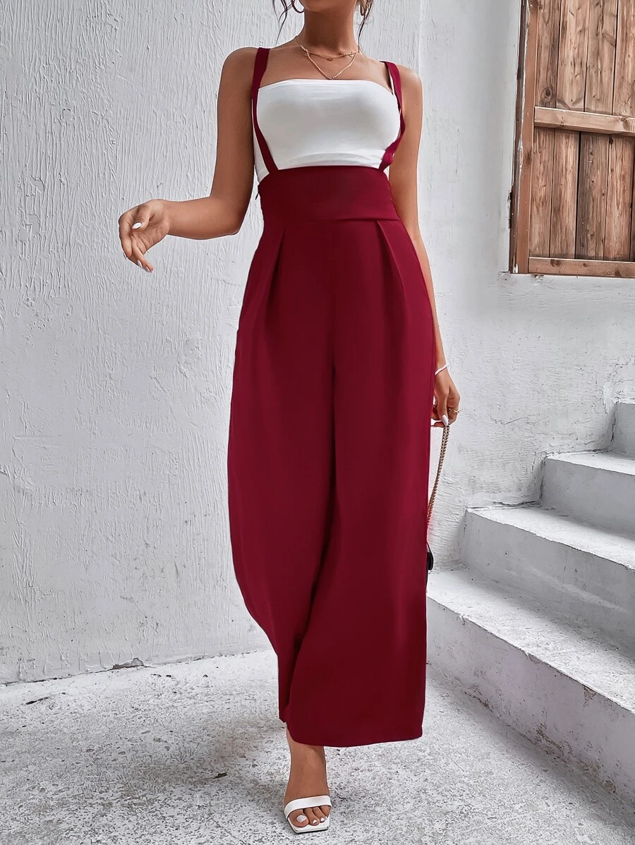 SHEIN Privé 後背十字交叉闊腿連體褲不附帶吊帶內搭 - 紅色 - 查看 1