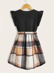 SHEIN Girls Plaid Flutter Sleeve Belted Dress