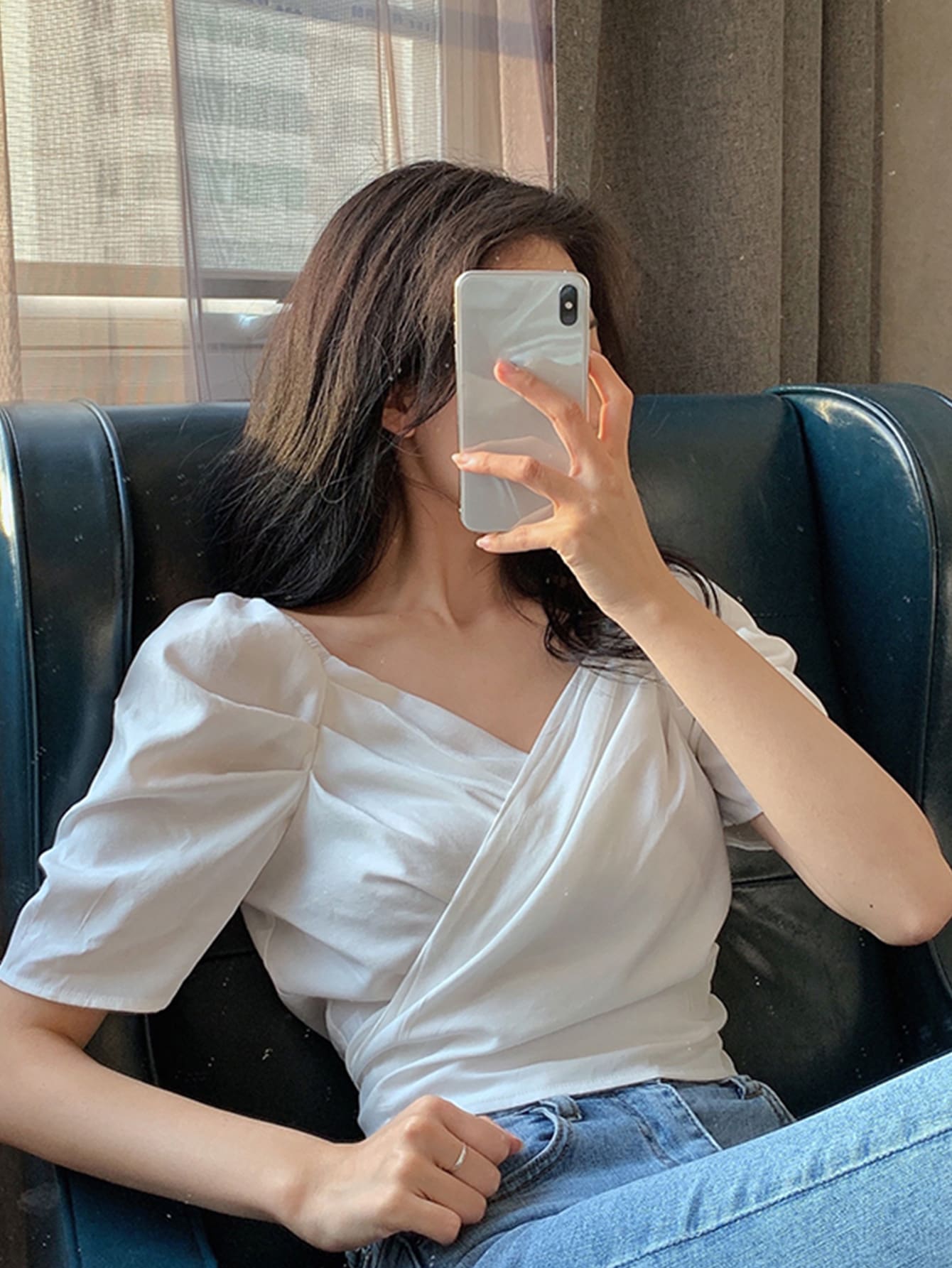 Blusa corta cruzada unicolor de manga farol - Blanco - Ver 1