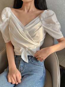 Blusa corta cruzada unicolor de manga farol - Blanco - Ver 3