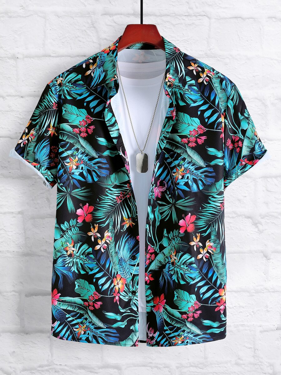 Manfinity Hombres Camisa al azar con estampado tropical sin camiseta - Multicolor - Ver 1
